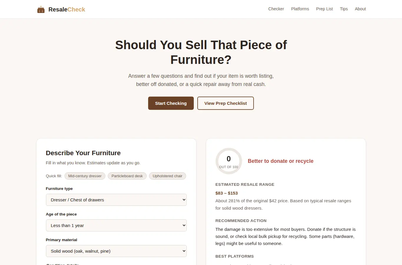 Screenshot of Used Furniture Resale Readiness Checker interface showing the project page in use